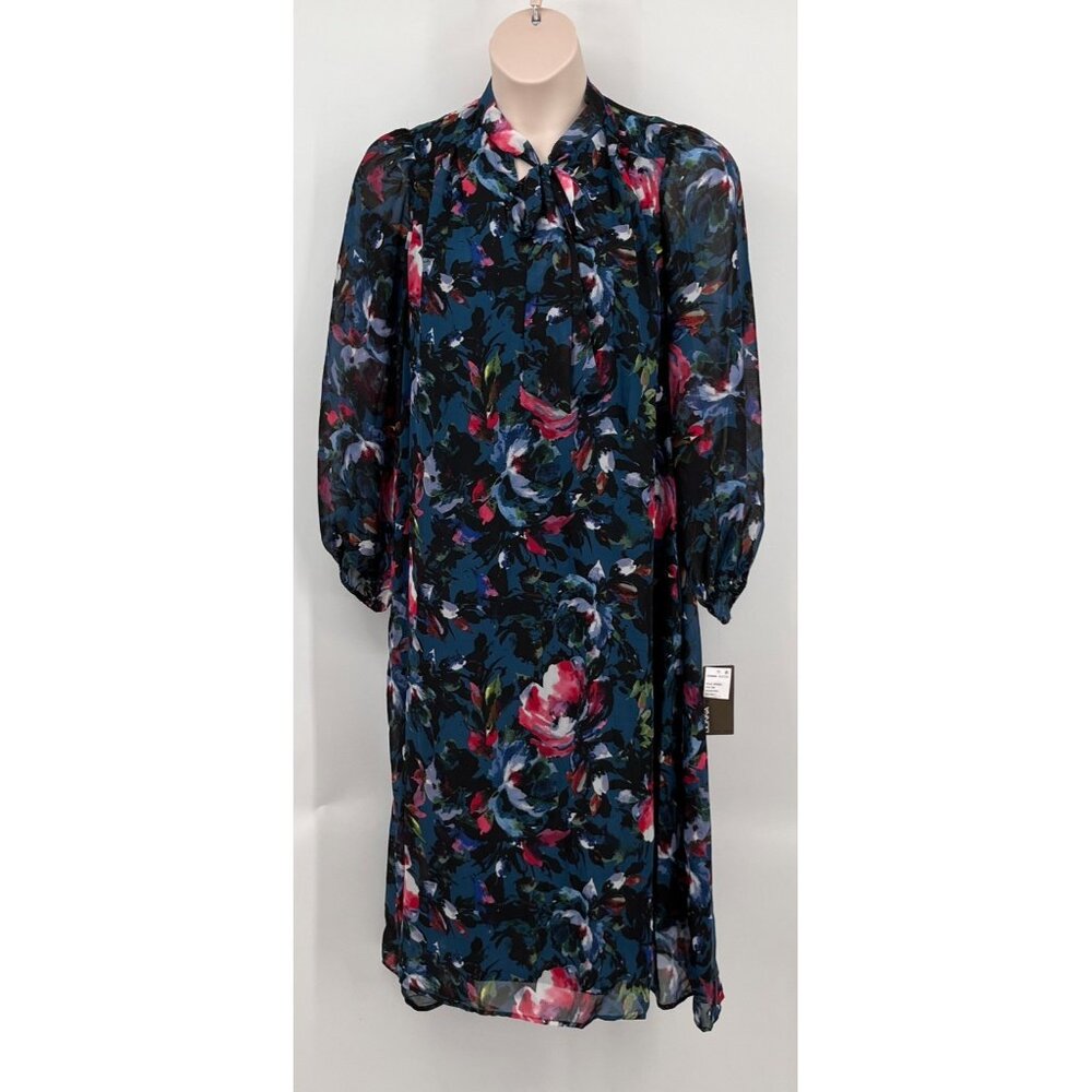 Donna Ricco Long Sleeve Dress Size 12 Blue Multi Floral Print Tie Neck Midi